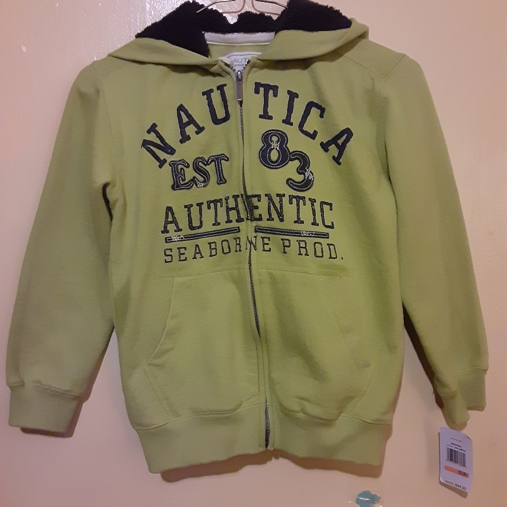 Zip front hooded sweat jacket.